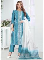 Roman Silk  Sky Blue Festival Wear Embroidery Work Readymade Straight Suit